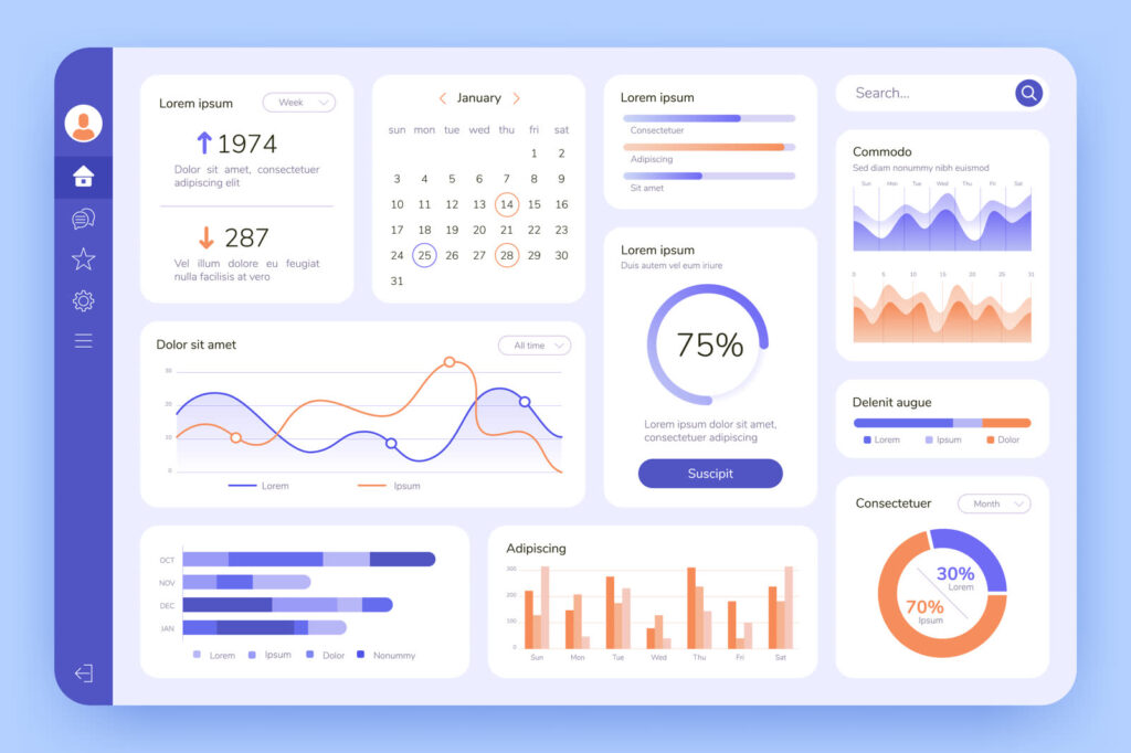 Business analytics dashboard with charts and infographics